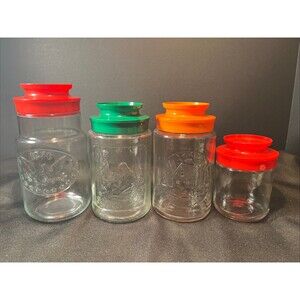 Set of 4 VTG Anchor-Hocking Orange, Red & Green Lidded Kitchen Jar Canisters